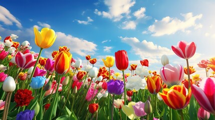A lot of colorful tulips over the blue sky with clouds, nature and landscape concept