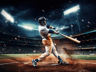 Baseball player in action on the stadium at night, baseball lovers background 