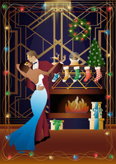 A loving couple in suits dances in front of a fireplace. New Year and Christmas decorations, gifts, atmosphere. Concept for holiday, winter holidays, New Year, Christmas