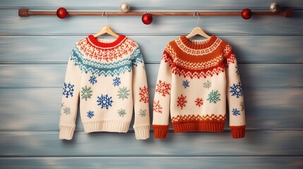 Merry Christmas, Day, Fantasy Cozy Christmas Sweaters, Colourfull, Flat lay, top view. Copy space. Banner backdrop