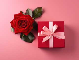 Red gift box with red rose flower on pink background top view