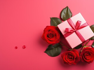 Red gift box with red rose flower on pink background top view, Valentine day , boxing dar celebration postcard 
