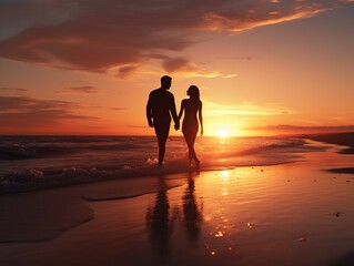 silhouette of a couple on the beach at sunset, Valentine day background 