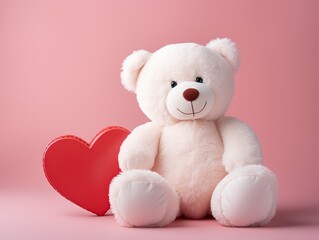 Valentines Day big Teddy bear with a red heart in pink background 