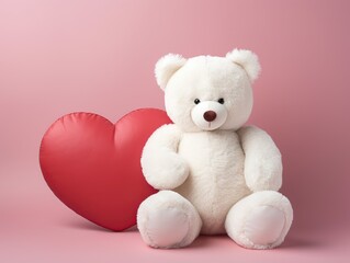 Valentines Day big Teddy bear with a red heart in pink background 