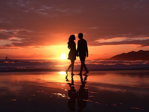 silhouette of a couple on the beach at sunset, Valentine day background 