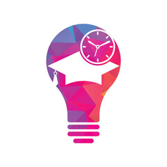 Study time bulb shape concept vector logo design. Graduation hat with clock icon design.