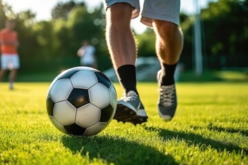 Fototapeta premium A soccer player hits a soccer ball during a game. near. Summer, summer sports