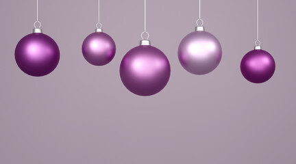 Multiple purple Christmas balls, shiny ornaments on light grey, 3d rendering. concept for happy new year and christmas