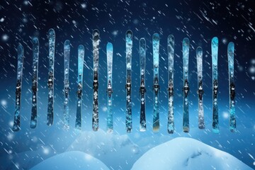 Snow-covered skis against the background of mountains and snow. Concept of winter, winter activities, sports