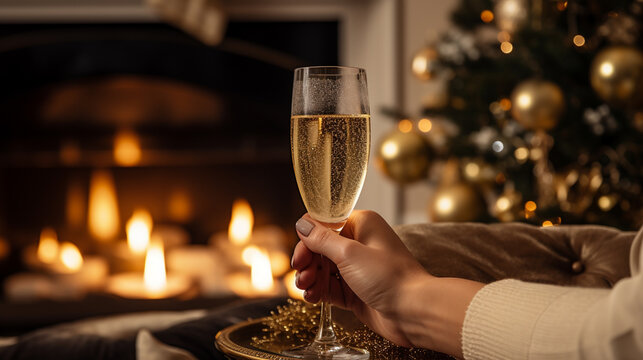 Couple with champagne glasses near burning fireplace, close-up. Generative AI
