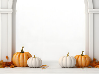 White podium mock up background with pumpkins, product presentation concept 