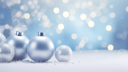Blue Christmas ball on snow with decoration on shiny