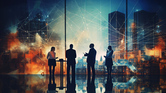 Corporate Communication people in the Building, successful business people double exposure with Highrise modern city office building