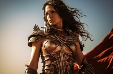 Gladiator woman warrior. Adult greek. Generate Ai