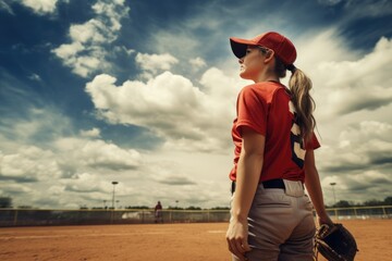 Female athletes playing softball - obrazy, fototapety, plakaty