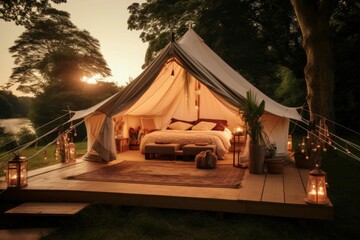 Summer glamping tent. Holiday outdoor. Generate Ai - obrazy, fototapety, plakaty