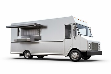 Realistic silver food truck isolated on white. Generative AI