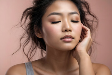 Fototapeta premium Beauty Photo of Woman with Clean and Healthy Skin Touching Her Face, Facial skin care concept, spa, cosmetology, Asian women portrait