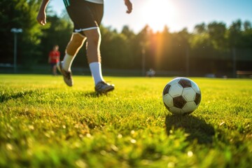 Obraz na płótnie Canvas A soccer player hits a soccer ball during a game. near. Summer, summer sports