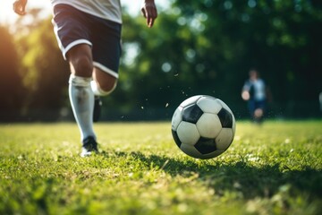 Obraz premium A soccer player hits a soccer ball during a game. near. Summer, summer sports
