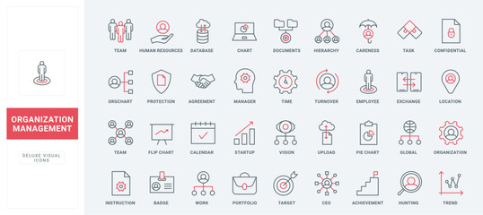 Company organization and management thin black and red line icons set, human resources - obrazy, fototapety, plakaty