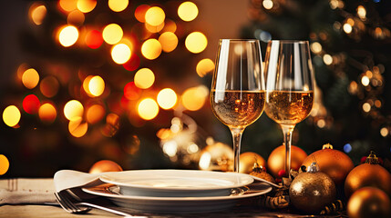 Holiday romantic evening set with wine glasses and festive background. For Christmas celebration