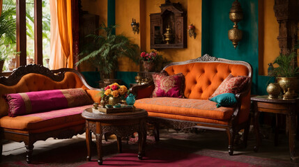 Luxury living room where vibrant colors enhance the beauty of antique furniture, textiles, and decorative piece.