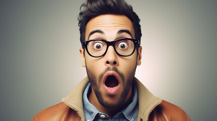 a man with a surprised look in front of a grey background - obrazy, fototapety, plakaty