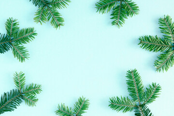 Fototapeta na wymiar Christmas holiday composition. Xmas decorations on pastel blue background. Christmas, New Year, winter concept. Flat lay, top view, copy space