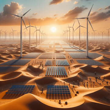 wind turbines on sunset in the desert with a solarpark