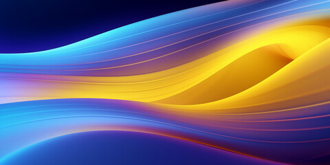 Obraz premium ABSTRACT BACKGROUND: Organic Soft Neon Glowing Yellow and Blue and Teal Waves. Abstract Art Design Banner for Technology, Science, Cyberspace and Beauty.