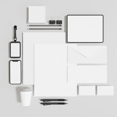 Stationery mockup set. Corporate identity premium branding design. Template for business and respectable company. Folder and A4 letter, visiting card and envelope based on minimal logo. 3d render