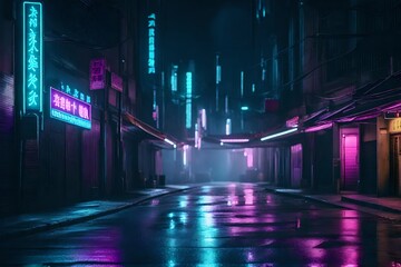 Cyberpunk city's dark street, gloomy alley with neon illumination