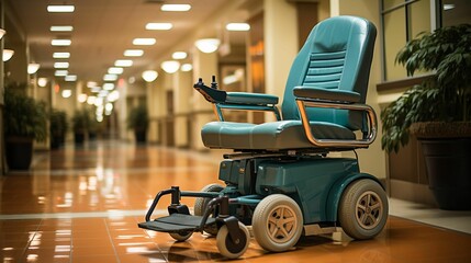 Blue electric powered wheelchair in a hallway, with its occupant absent, AI-generated.