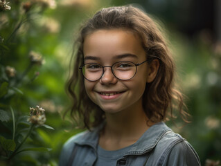 Girl in glasses is smiling in front of flowers.