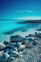 Fototapeta na wymiar Sea waves washing up beach pebbles. Beautiful bay with rocks