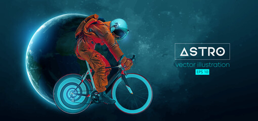 Abstract silhouette of a road bike racer, astronaut is riding on sport bicycle in space action and Earth, Mars, planets on the background of the space. Cycling sport transport. Vector illustration