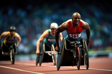 A light athlete in a wheelchair participates in a competition. summer sport, Paralympic Games, AI generated - obrazy, fototapety, plakaty