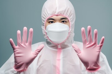 person in a protective suit holding hands up like stop gesture. coronavirus outbreak prevention concept