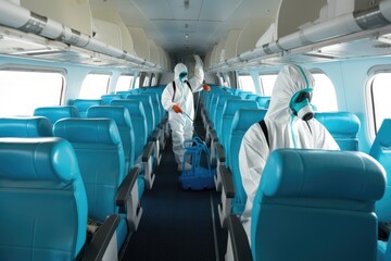 person in a protective suit conducts disinfection in the cabin of a passenger plane