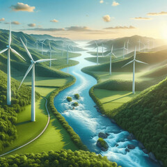 landscape with turbines and a river