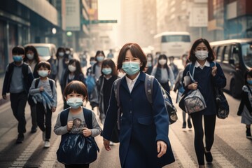 Fototapeta premium asian children in masks walking to school during the coronavirus pandemic, blurred street background