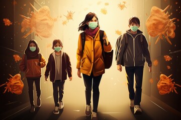 children in masks walk to school during the coronavirus pandemic