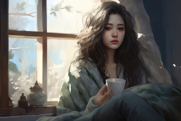 young asian depressed woman with the cup of tea sitting at the window