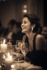 Gala's Grace Woman Applauding Amidst Soft Focus and Cinematic Ambiance at Dinner Party