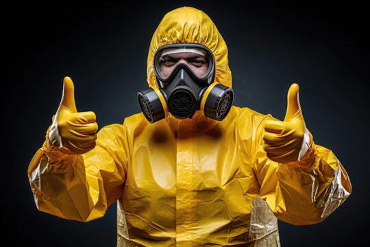 person in yellow hazmat suit showing thumbs up gesture on dark background. halt the spread of coronavirus concept