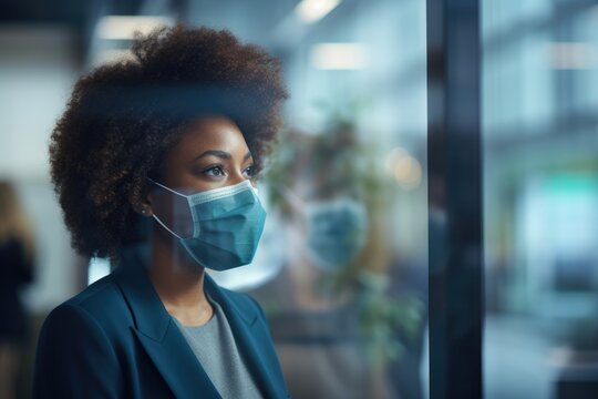 Portrain Of African American Woman With Curly Hair In Mask Lookin At Glass Window Or Partition In Office. Safety Workplace And Social Distance Concept