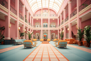 Daylight Hotel Lobby with Cinematic Charm, Hotel Lobby by Day, Cinematic Visuals, Pastel Interior Colors, Vintage Style, Luminous Daytime Setting, Cinematic Elegance, Hotel Interior by Day