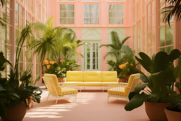 Sunny Outdoor Hotel Lobby in Yellow Hues, Outdoor Hotel Lobby, Yellow Outdoor Setting, Cinematic Vibes, Vintage Exterior Decor, Charming Ambiance, Retro Outdoor Scene, Stylish Exterior Lobby, plant
